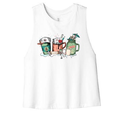 Nurse Christmas Drinks Latte Pills Jar Stethoscope Funny Graphic Oversized Women's Racerback Cropped Tank