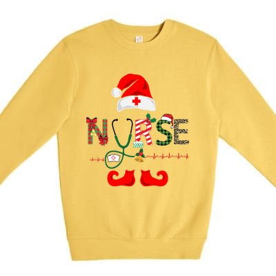 Nurse Christmas Elf Leopard Plaid Design Gift Premium Crewneck Sweatshirt