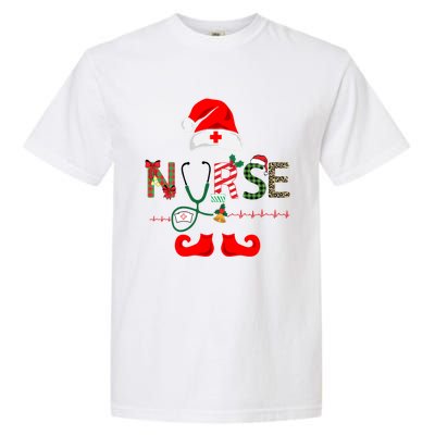 Nurse Christmas Elf Leopard Plaid Design Gift Garment-Dyed Heavyweight T-Shirt