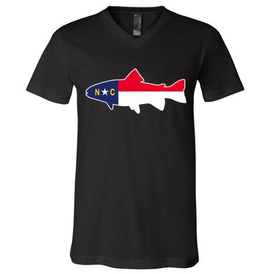 North Carolina Flag with Trout Fish V-Neck T-Shirt