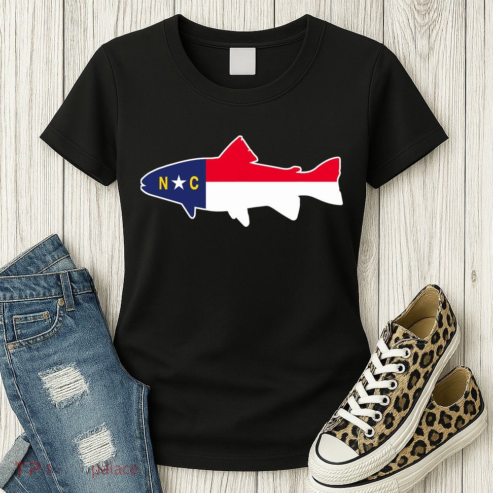 North Carolina Flag with Trout Fish Womens T-Shirt