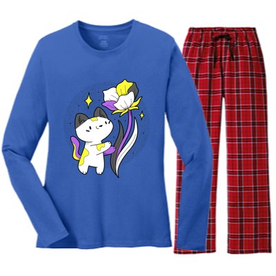 Nonbinary Cat Flower Nonbinary Flag Lgbt Nonbinary Pride Gift Women's Long Sleeve Flannel Pajama Set 