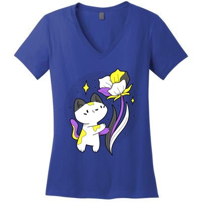 Nonbinary Cat Flower Nonbinary Flag Lgbt Nonbinary Pride Gift Women's V-Neck T-Shirt