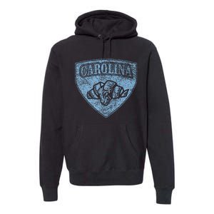 North Carolina Hero Emblem Distressed Blue Knockout Premium Hoodie