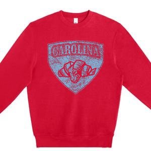 North Carolina Hero Emblem Distressed Blue Knockout Premium Crewneck Sweatshirt