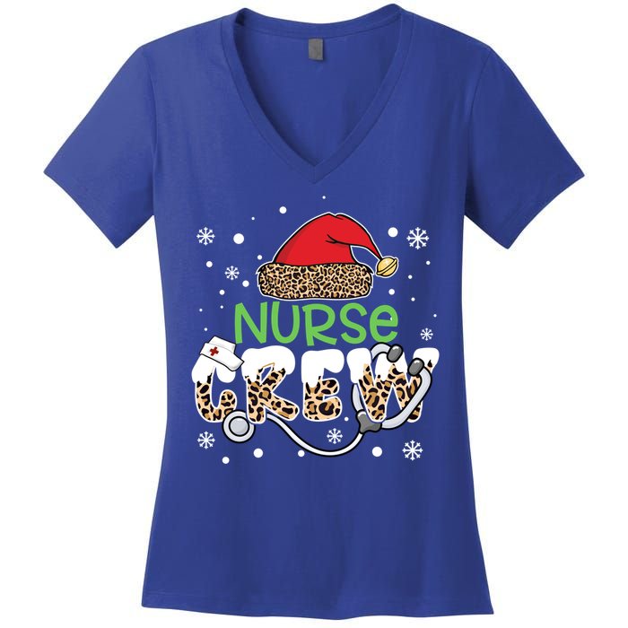 Nurse Crew Leopard Santa Hat Stethoscope Nurse Christmas Cute Gift Women's V-Neck T-Shirt