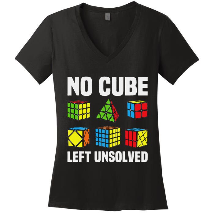 No Cube Left Unsolved Competitive Puzzle Cube Speed Cubing Women's V-Neck T-Shirt