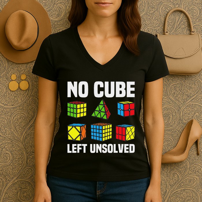 No Cube Left Unsolved Competitive Puzzle Cube Speed Cubing Women's V-Neck T-Shirt