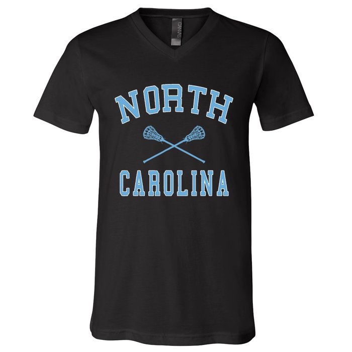 North Carolina Lacrosse Vintage Nc Lax Weathered V-Neck T-Shirt