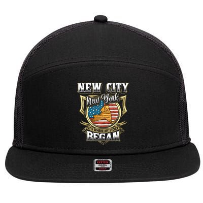 New City New York Usa Flag 4th Of July Gift 7 Panel Mesh Trucker Snapback Hat