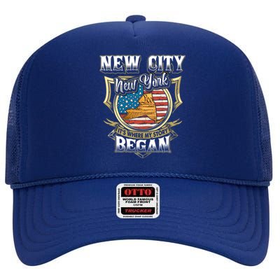 New City New York Usa Flag 4th Of July Gift High Crown Mesh Back Trucker Hat