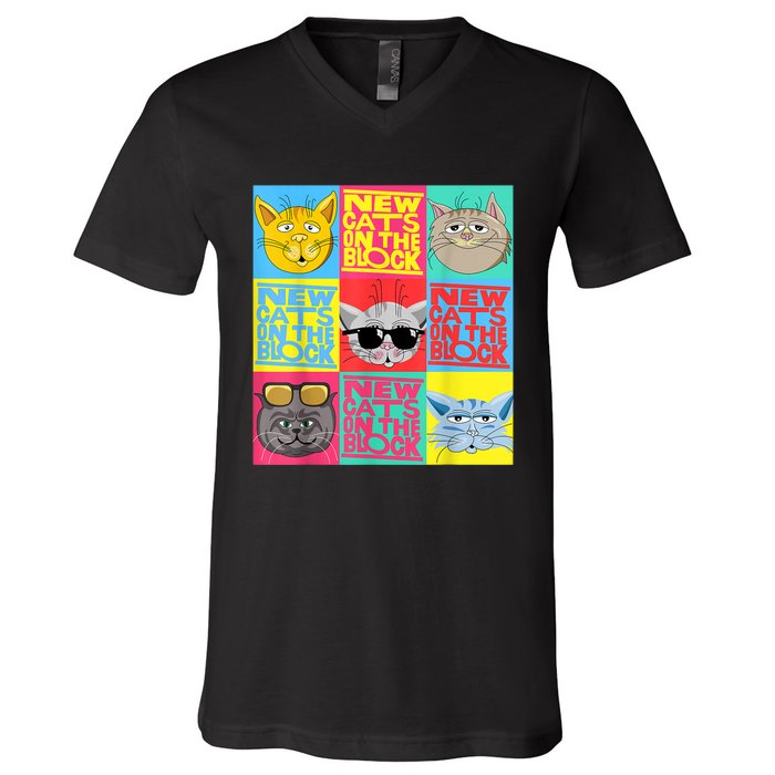 New Cats On He Block Funny Pop Culture Cat Hemed Party V-Neck T-Shirt