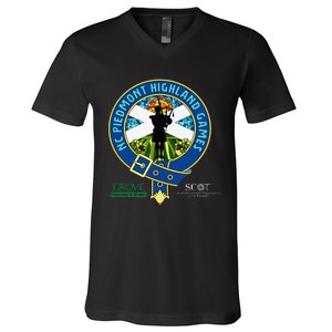 North Carolina Piedmont Highland Games Piper Edition V-Neck T-Shirt