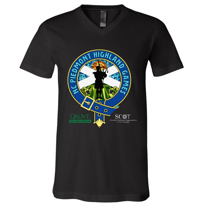 North Carolina Piedmont Highland Games Piper Edition V-Neck T-Shirt