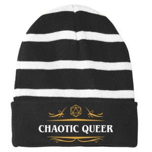 Nerdy Chaotic Queer Lgbt Pride Polyhedral D20 Dice Striped Beanie with Solid Band