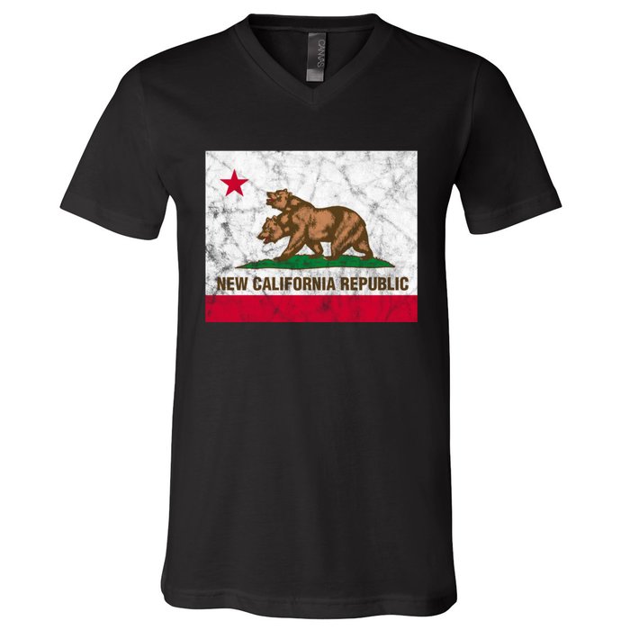 New California Republic Ncr Flag State Distressed V-Neck T-Shirt