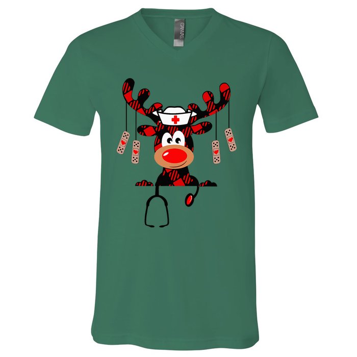 Nurse Christmas Reindeer Nurse Plaid Nicu Rn Lpn Scrub Top V-Neck T-Shirt