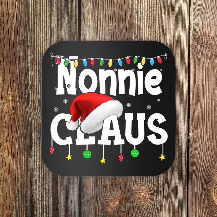 Nonnie Claus Shirt Santa Hat Matching Christmas Lights Family Group Coaster