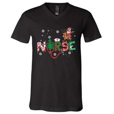 Nurse Christmas Santa Cute Xmas Winter Scrub Top V-Neck T-Shirt