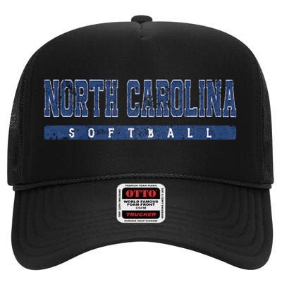 North Carolina Softball Blue Vintage Text High Crown Mesh Back Trucker Hat