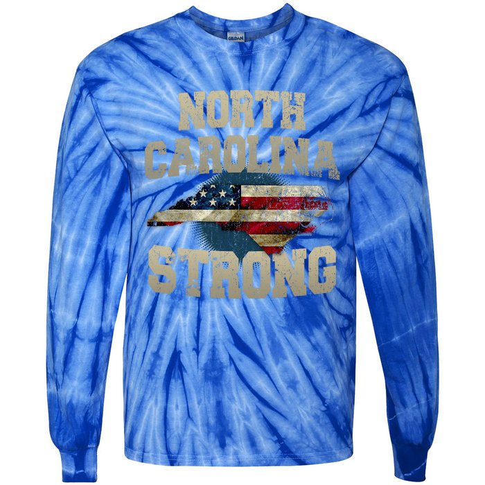 North Carolina Strong With Nc State And Usa Flag Overlay Tie-Dye Long Sleeve Shirt