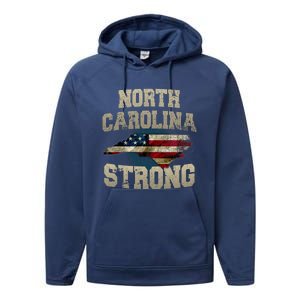 North Carolina Strong With Nc State And Usa Flag Overlay Performance Fleece Hoodie