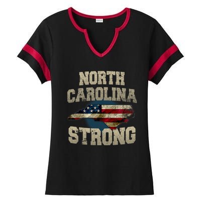 North Carolina Strong With Nc State And Usa Flag Overlay Ladies Halftime Notch Neck Tee