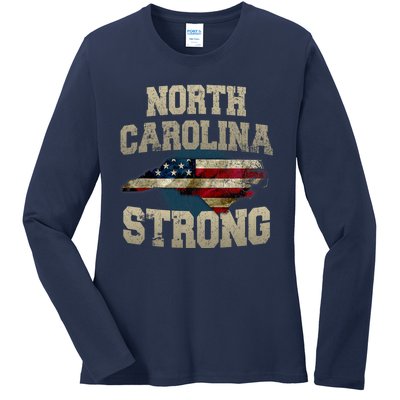 North Carolina Strong With Nc State And Usa Flag Overlay Ladies Long Sleeve Shirt