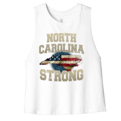 North Carolina Strong With Nc State And Usa Flag Overlay Women's Racerback Cropped Tank