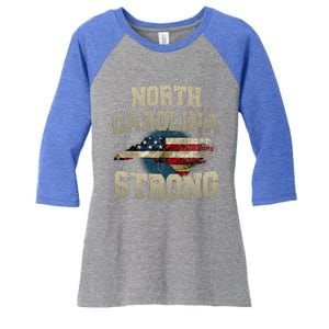 North Carolina Strong With Nc State And Usa Flag Overlay Women's Tri-Blend 3/4-Sleeve Raglan Shirt