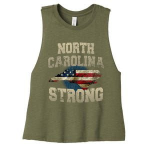 North Carolina Strong With Nc State And Usa Flag Overlay Women's Racerback Cropped Tank