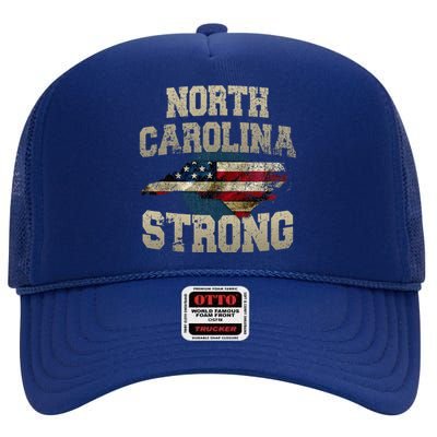 North Carolina Strong With Nc State And Usa Flag Overlay High Crown Mesh Back Trucker Hat