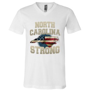 North Carolina Strong With Nc State And Usa Flag Overlay V-Neck T-Shirt