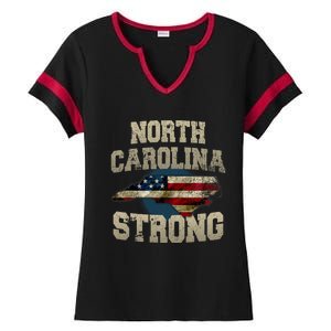 North Carolina Strong With Nc State And Usa Flag Overlay Ladies Halftime Notch Neck Tee