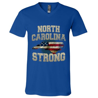 North Carolina Strong With Nc State And Usa Flag Overlay V-Neck T-Shirt