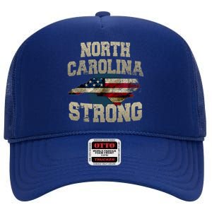 North Carolina Strong With Nc State And Usa Flag Overlay High Crown Mesh Back Trucker Hat