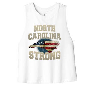 North Carolina Strong With Nc State And Usa Flag Overlay Women's Racerback Cropped Tank