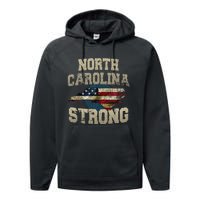 North Carolina Strong With Nc State And Usa Flag Overlay Performance Fleece Hoodie