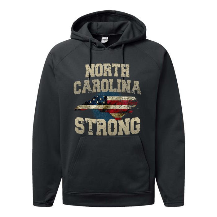 North Carolina Strong With Nc State And Usa Flag Overlay Performance Fleece Hoodie