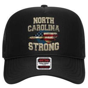 North Carolina Strong With Nc State And Usa Flag Overlay High Crown Mesh Back Trucker Hat