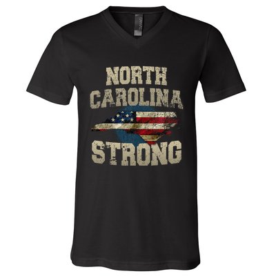 North Carolina Strong With Nc State And Usa Flag Overlay V-Neck T-Shirt