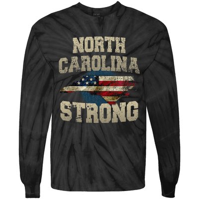 North Carolina Strong With Nc State And Usa Flag Overlay Tie-Dye Long Sleeve Shirt