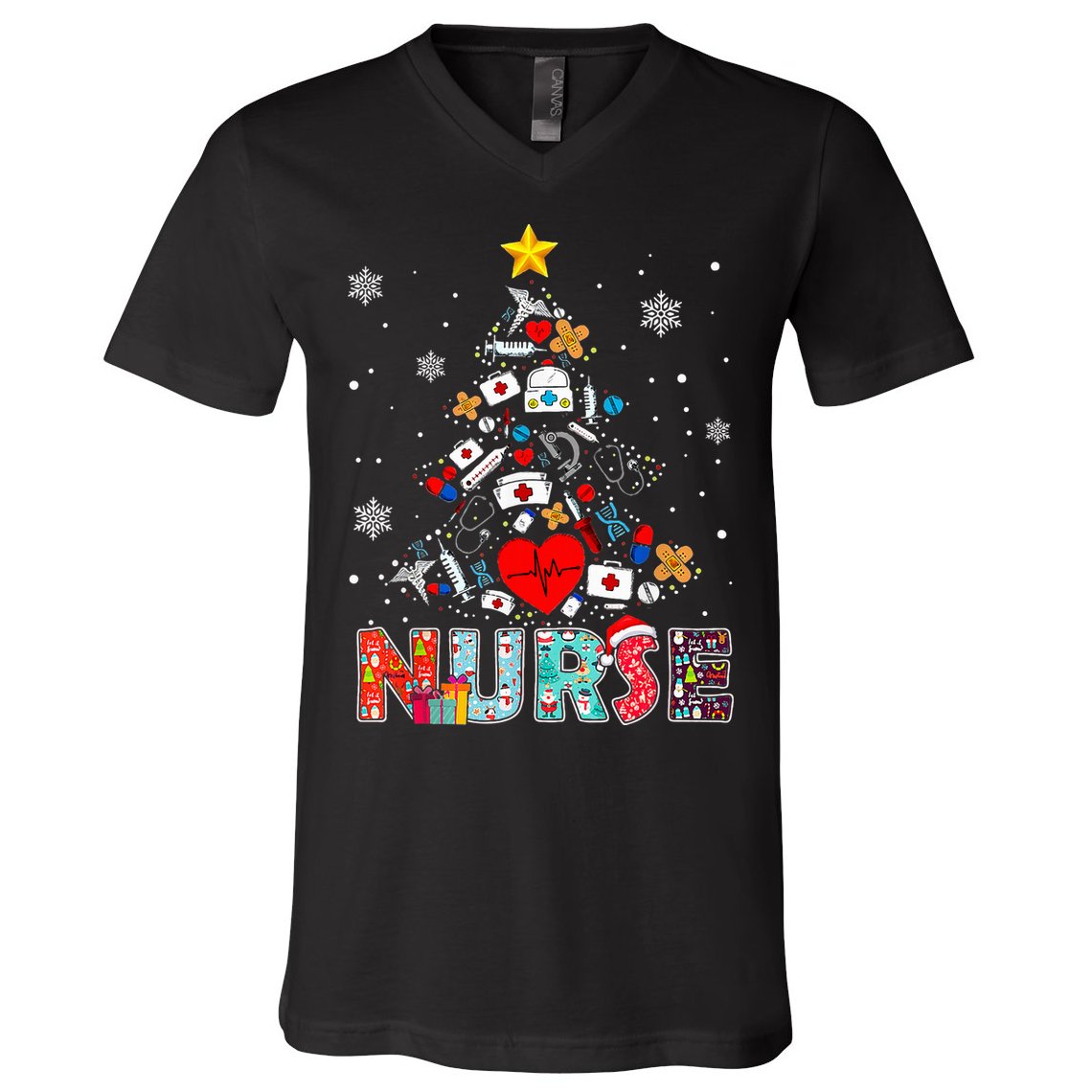Nurse Christmas Tree Stethoscope RN LPN Scrub Nursing Xmas  V-Neck T-Shirt
