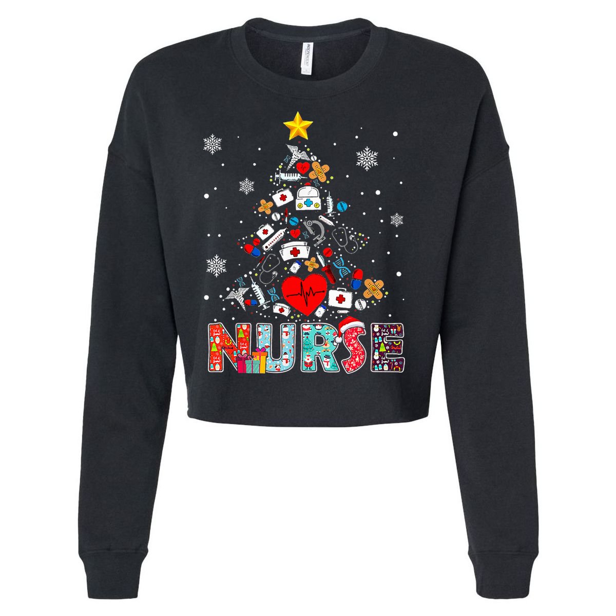 Nurse Christmas Tree Stethoscope RN LPN Scrub Nursing Xmas  Cropped Pullover Crew