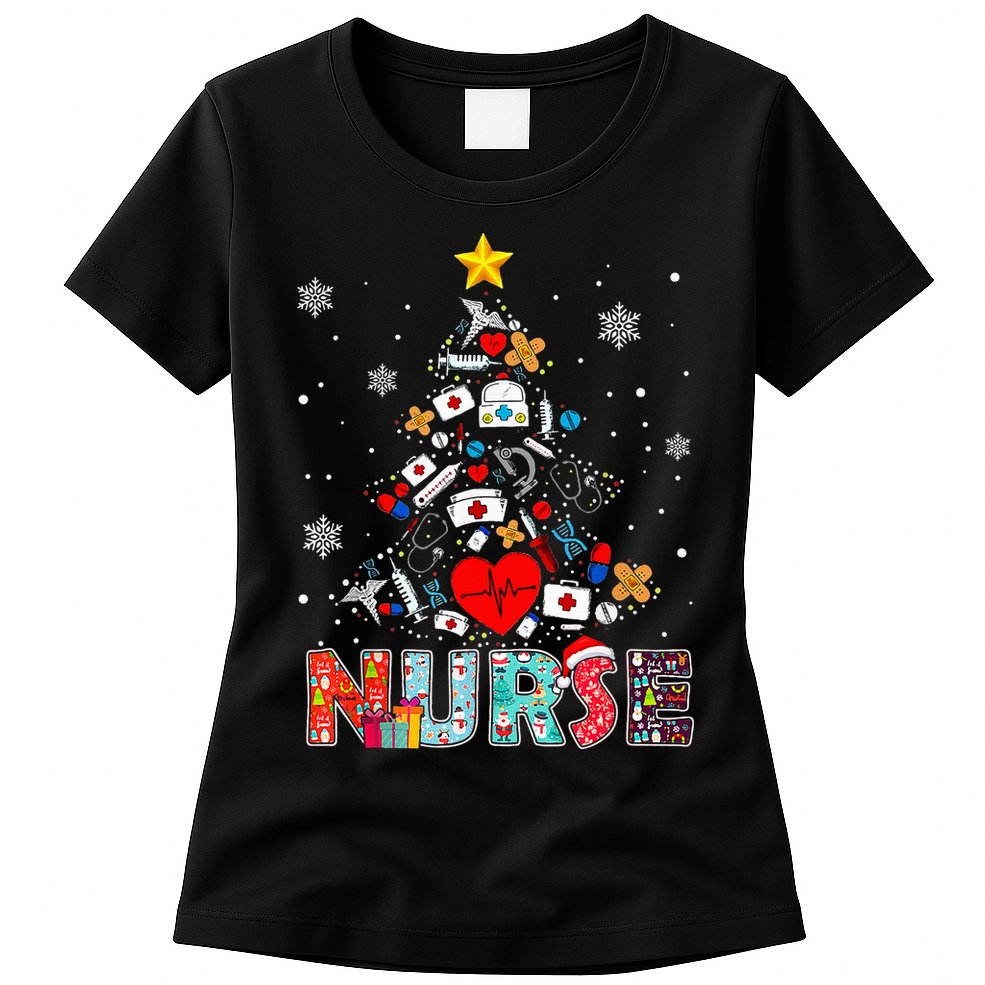 Nurse Christmas Tree Stethoscope RN LPN Scrub Nursing Xmas  Womens T-Shirt