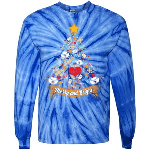 Nurse Christmas Tree Nursing School Rn Hat Heartbeat Shot Gift Tie-Dye Long Sleeve Shirt