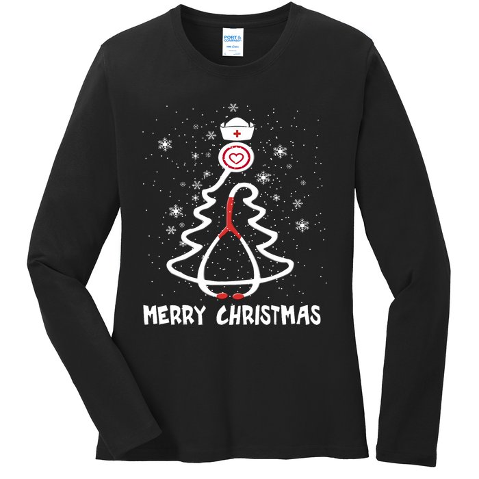 Nurse Christmas Tree Stethoscope Nursing Gift Rn Lpn Funny Ladies Long Sleeve Shirt