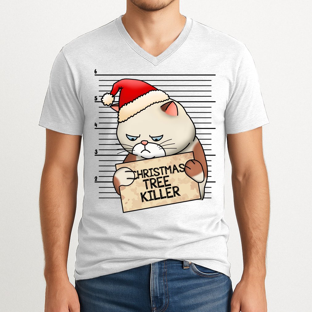 Naughty Christmas Tree Cat Gift V-Neck T-Shirt