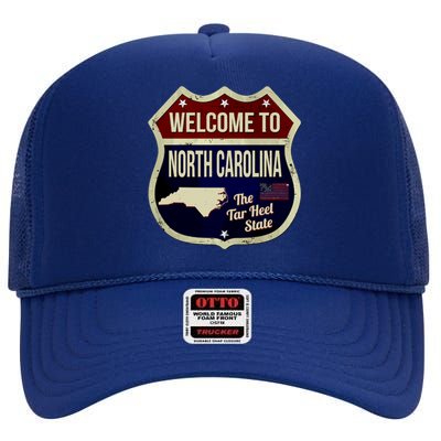 North Carolina Vintage Metal Road Sign Logo High Crown Mesh Back Trucker Hat