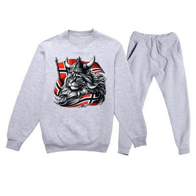 Norwegian Cat Viking Norway Flag Premium Crewneck Sweatsuit Set